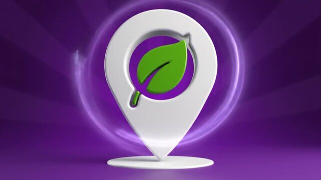 A white map pin with a green leaf on a purple background