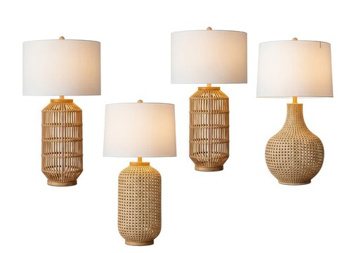 A collection of four modern table lamps with natural woven rattan texture and cream linen shades, isolated on a pure white background space, minimalist, eco-friendly, four