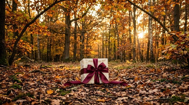 Gift box rests peacefully upon a carpet of colorful leaves in the forest.