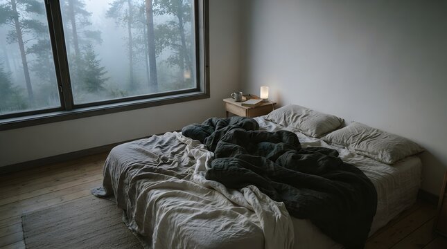 Bed sits in a tranquil room overlooking a misty pine forest at sunrise.