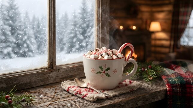 Hot chocolate mug sits on a rustic wooden sill during a snowy winter evening.