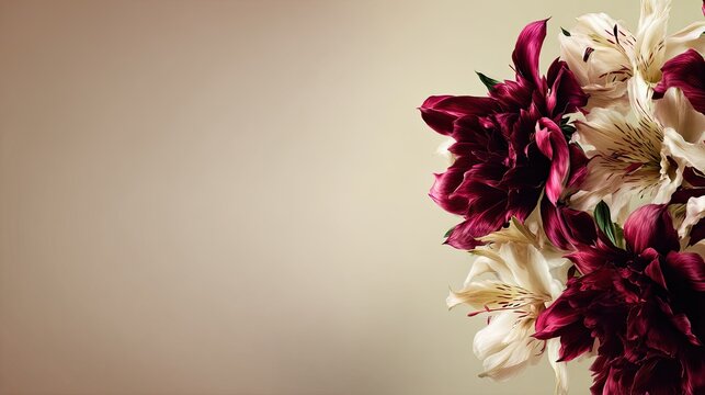 Rich burgundy and creamy white blossoms fill the right side of a soft beige background
