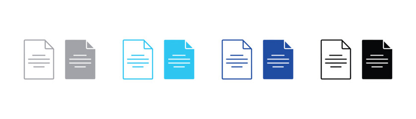 Document file paper icon set with text lines in blue outline and solid style document illustration management information business technology interface application software template © SilentSmog