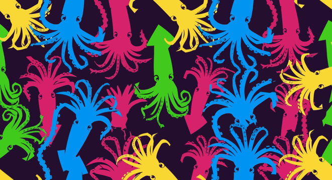 Vibrant Neon Squid Pattern: Retro 80s Sci-Fi Underwater Art