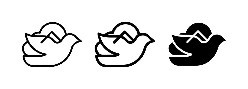 Dove with Mountains and Sun Icon Set, Outline and Solid Styles, Symbolizing Peace and Nature