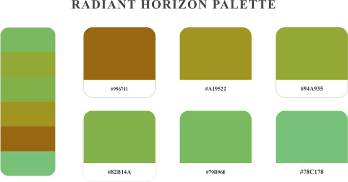 Radiant horizon palette featuring warm yellow and green color tones with hex codes isolated on transparent grid surfaces.