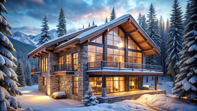 Luxury Modern Mountain Chalet in Snowy Pine Forest with Panoramic Glass Windows at Winter Twilight