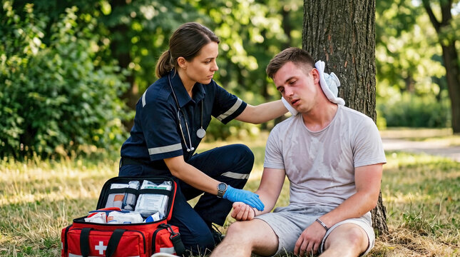 Female paramedic providing pre-hospital emergency care to young man with heat related illness in park for outdoor medical emergency training and heat stroke awareness campaigns