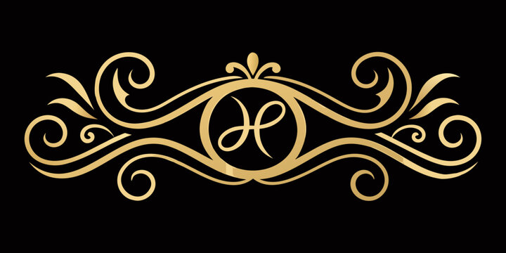 Gold decorative flourish monogram with letter H, vector