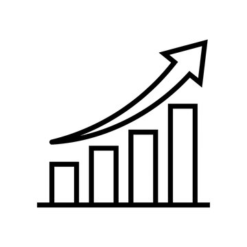 Minimalist black and white line icon of a rising bar chart with an upward curving arrow, symbolizing business growth, economic success, and financial progress.