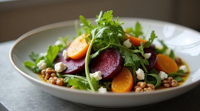 Primer plano de ensalada de remolacha asada con r&uacute;cula, queso de cabra, nueces y vinagreta de c&iacute;tricos