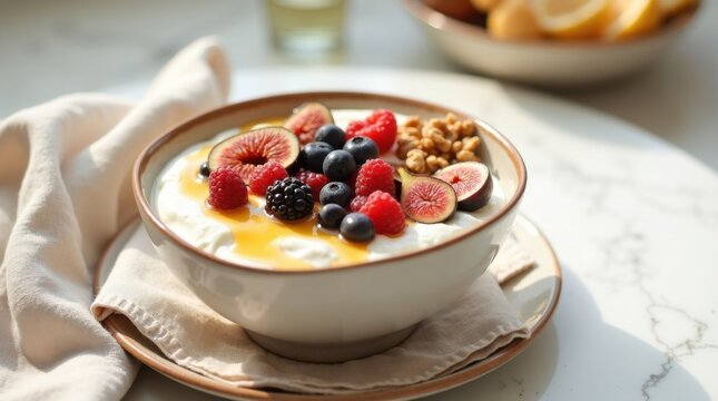 Yogur griego con frutos rojos frescos, higos, nueces y miel