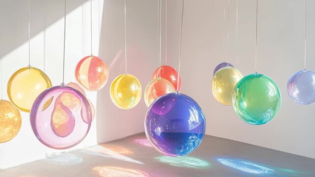 Colorful translucent glass orb hanging in a bright room casting soft rainbow light, playful modern art, luminous decorative sphere, cheerful minimal design.