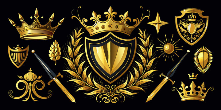Set of golden heraldic shields crowns and royal emblems, vector