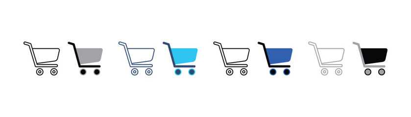 Set of shopping cart icons featuring outline and solid blue design styles for e-commerce websites and retail applications shopping commerce interface business purchase consumer delivery © SilentSmog