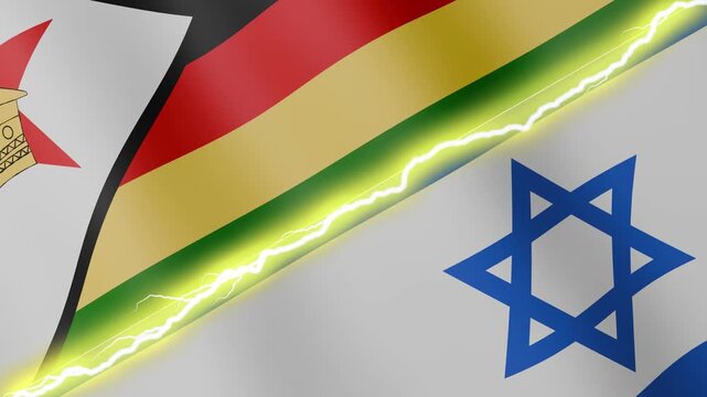 Two waving flags Zimbabwe and Israel with diagonal lightning seamless, 4k loop