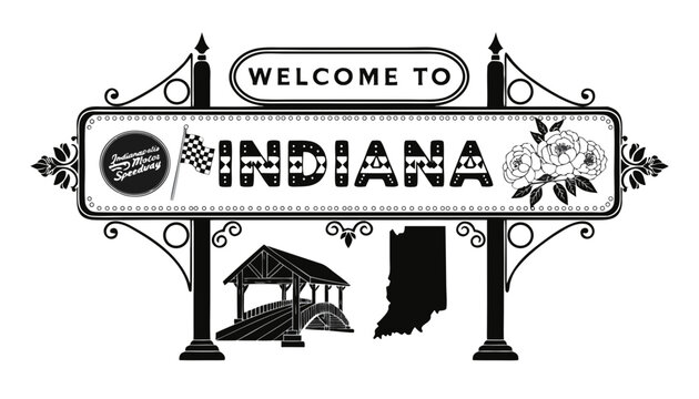 Very beautiful black and white realistic vector of a classic roadside welcome sign featuring a bold label reading "WELCOME TO INDIANA", decorated with the Indianapolis Motor Speedway, racing flag, peo