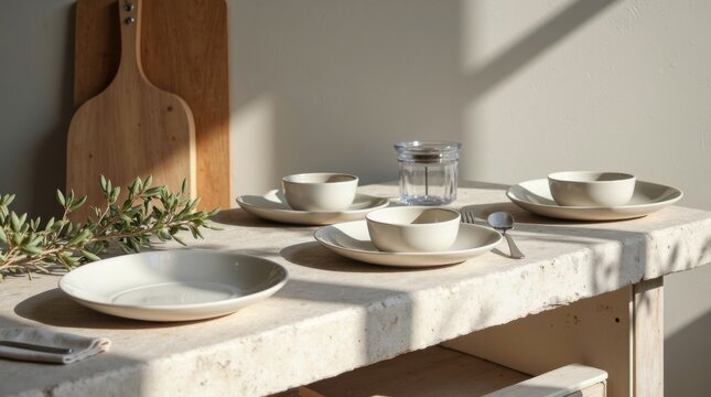 Mesa r&uacute;stica de piedra caliza decorada con platos de cer&aacute;mica vac&iacute;os, servilletas de lino, ramas de olivo y tablas de cortar de madera hechas a mano