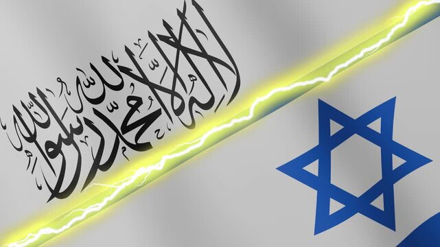 Two waving flags Afghanistan and Israel with diagonal lightning seamless, 4k loop