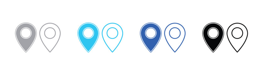 Location marker icon set showing simple map pins in black and outline variations with location navigation position direction destination illustration isolated interface geography minimalist © SilentSmog