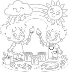 Fototapeta premium Children painting with brushes under a happy sun and a smiling cloud with a rainbow