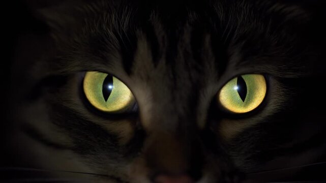Close-up of a cat's yellow-green eyes with slit pupils, intense gaze feline stare
