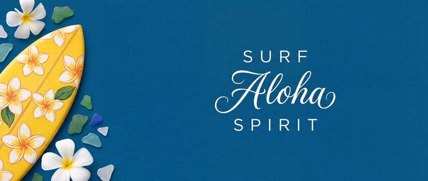 Yellow surfboard aloha tropical background with plumeria flowers and sea glass on blue flat lay, summer vacation banner showcasing hawaiian surf spirit vibes concept design with copy space layout