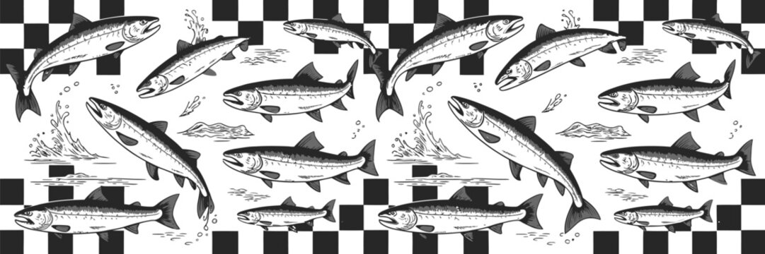 Salmon and trout fish vector set with jumping silhouettes and water splashes