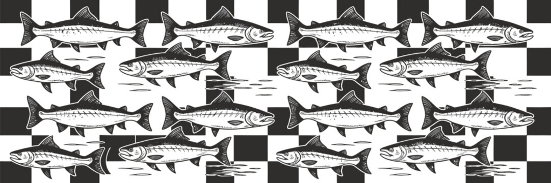Salmon and trout fish vector set with jumping silhouettes and water splashes