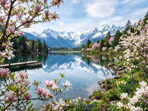 Serene Mountain Lake with Blooming Cherry Trees.