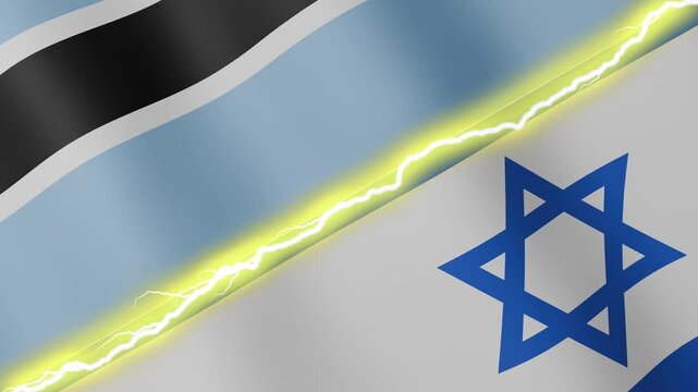 Two waving flags Botswana and Israel with diagonal lightning seamless, 4k loop
