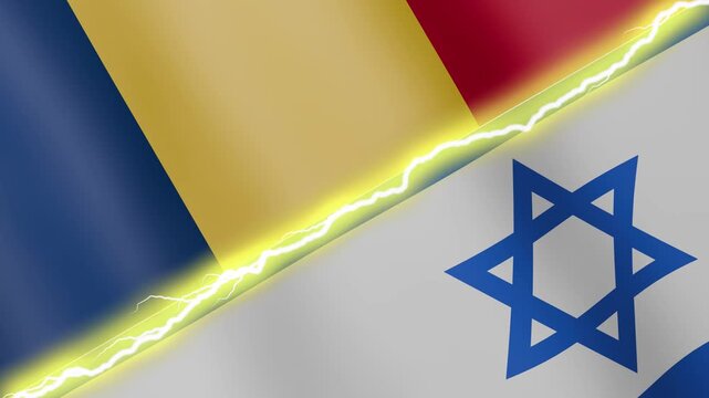 Two waving flags Chad and Israel with diagonal lightning seamless, 4k loop