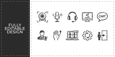 Obraz premium Customer Support and Communication Hand Drawn Doodle Icon Set featuring Headset Chat Bubble User and Settings for Professional Client Service Design