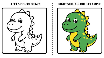 Cute dinosaur coloring page for kids, cartoon dino character with colored example, prehistoric animal outline vector for educational activity © Sajid