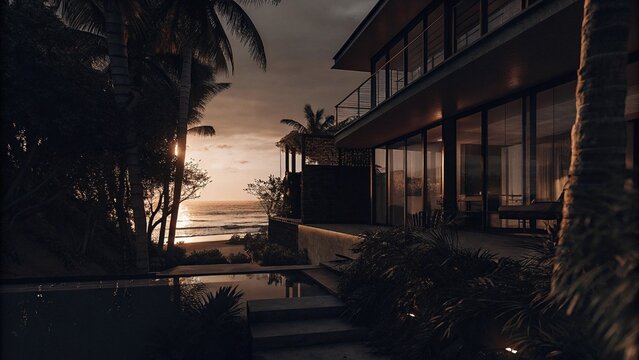 Ultra Luxury Modern Beachfront Mansion with Ocean View at Golden Sunset, Contemporary Coastal Architecture
