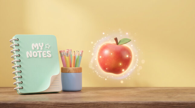 Colorful stationery with a magical apple on a wooden desk setting