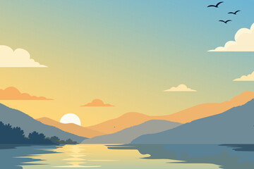 Peaceful mountain lake landscape at sunrise with reflective water, soft clouds, flying birds and layered hills, tranquil flat vector nature background for travel and outdoor themes. © Kay