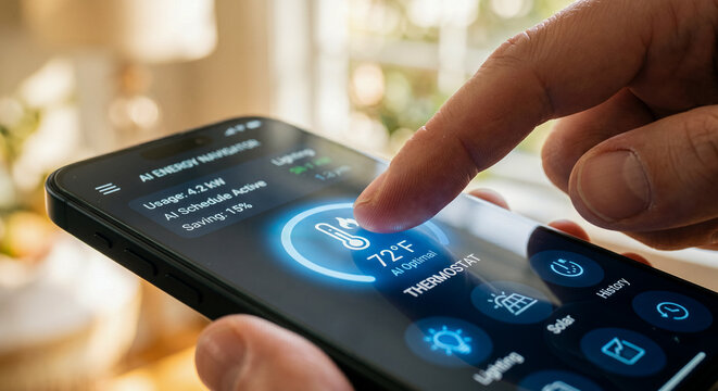 A hand touches a smartphone screen to adjust home temperature settings through an intuitive energy management app, reflecting modern smart living and efficient automated climate control