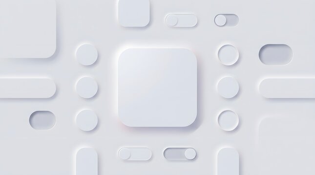 Minimalist Neumorphic UI Elements Design Featuring Soft White Geometric Shapes