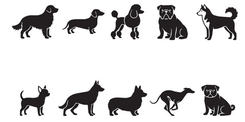 Obraz premium Black dog silhouettes, various breeds in different poses, icon set. A collection of black dog silhouettes featuring various breeds in different standing and sitting poses.