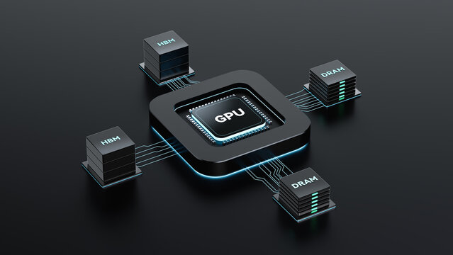 Realistic 3D render of central GPU microchip connected to two HBM high bandwidth memory units and two DRAM memory modules, placed on dark glossy black futuristic background with glowing neon blue circ
