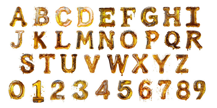 Honey Golden Font Alphabet Letters and Numbers Set 3D Gold Typography Character Collection with Honey  Texture, Design Elements for Text Symbols and Signs. Texture, Design Elements for Text, Symbols,