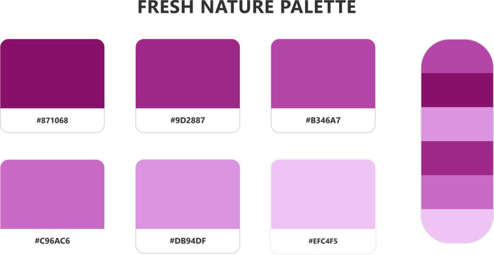 Fresh nature purple color palette collection with hex codes and gradient swatches for creative visual design projects set.