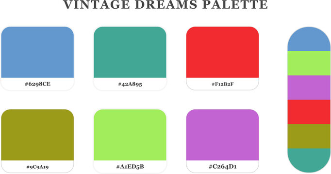 Vintage dreams retro color palette set with hex codes for classic artistic design projects on transparent background area.