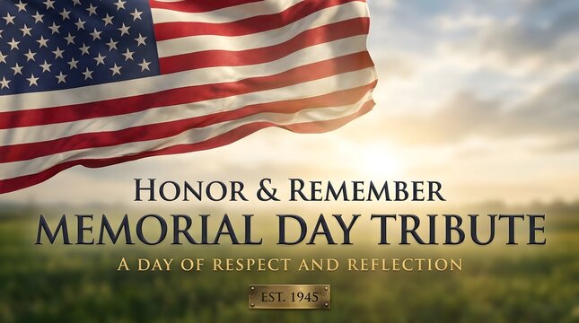 Memorial day tribute poster with american flag and sunlit rural landscape.