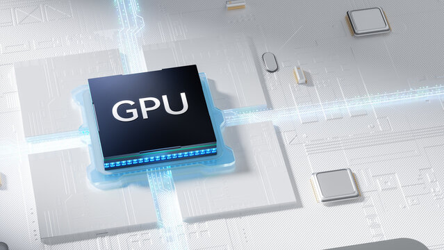 Realistic 3D render of GPU processor chip printed with GPU text, placed on detailed futuristic circuit board with glowing light trails and scattered small electronic components on light silver texture