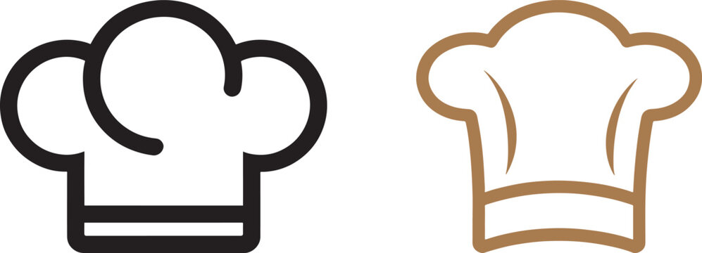Chef hat vector icons in black and brown outline style for restaurant logo and cooking design