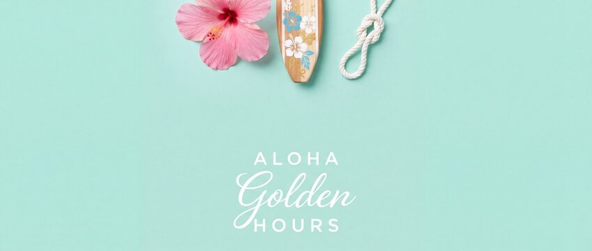 Tropical surfboard hibiscus background banner with aloha text, flat lay summer holiday concept featuring miniature wooden surf board, white rope knot, and floral elements over mint green copy space.