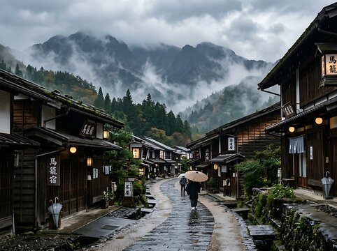 Traditional Asian Village in Misty Mountain Valley.