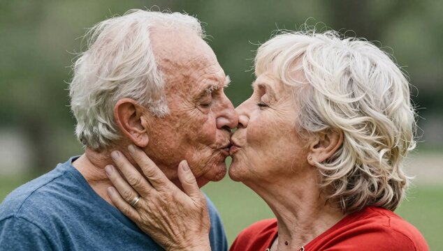Affectionate elderly couple sharing a tender kiss outdoors in soft daylight